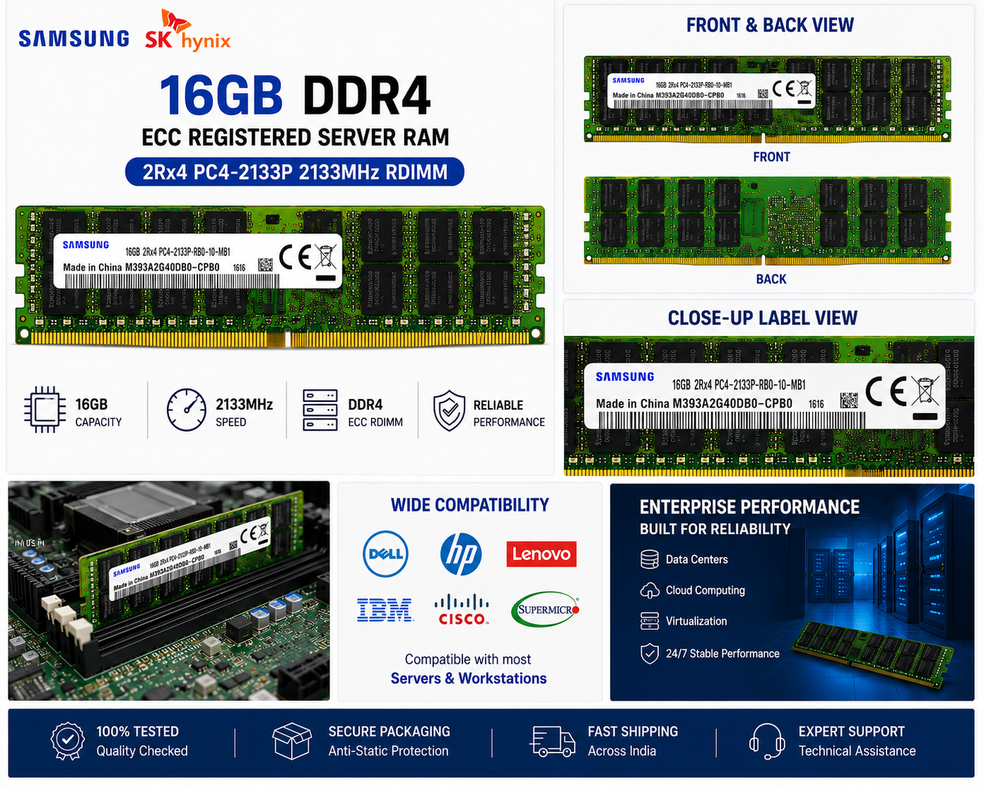 Samsung / SK hynix 16GB DDR4 ECC Registered Server RAM 2Rx4 PC4-2133P 2133MHz RDIMM Memory Module